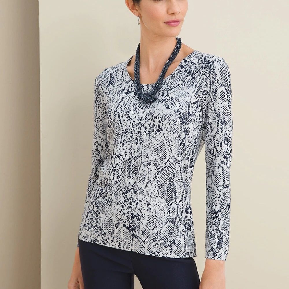 Chico's Touch of Cool Snake-Print Tee  Navy Sz 10/12 Med. (Chico's 1)